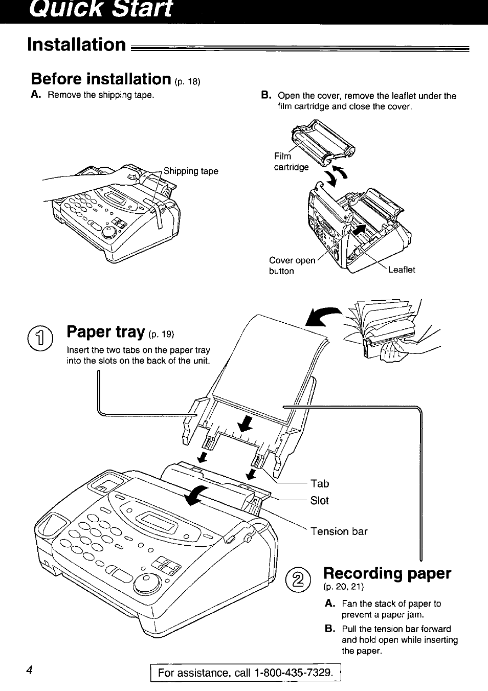 Installation, Before installation (p is), Paper tray (p | Recording paper | Panasonic KX-FP105 User Manual | Page 4 / 112