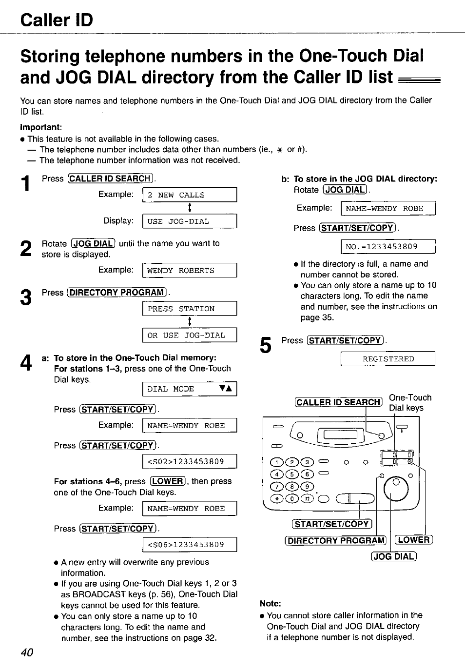 Press [caller id search), Press [directory program, Press [start/set/copy | Press (start/set/copy, Press (start/set/copy), Caller id search, Start/set/copy), Directory program, Jog dial | Panasonic KX-FP105 User Manual | Page 40 / 112