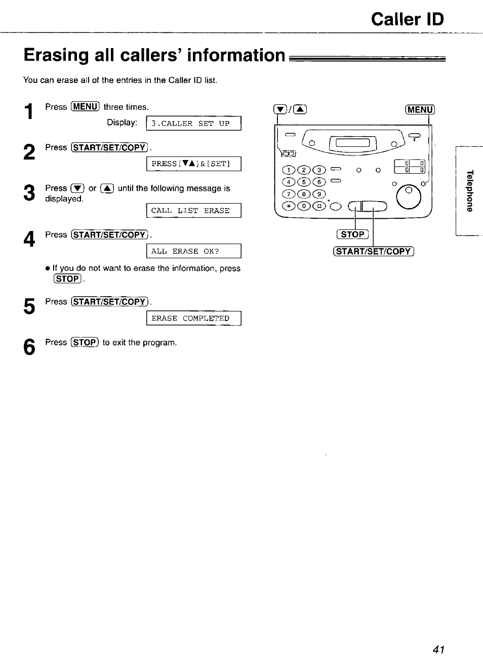 Erasing all callers’ information, Menu, Caller id erasing all callers’ information | Panasonic KX-FP105 User Manual | Page 41 / 112