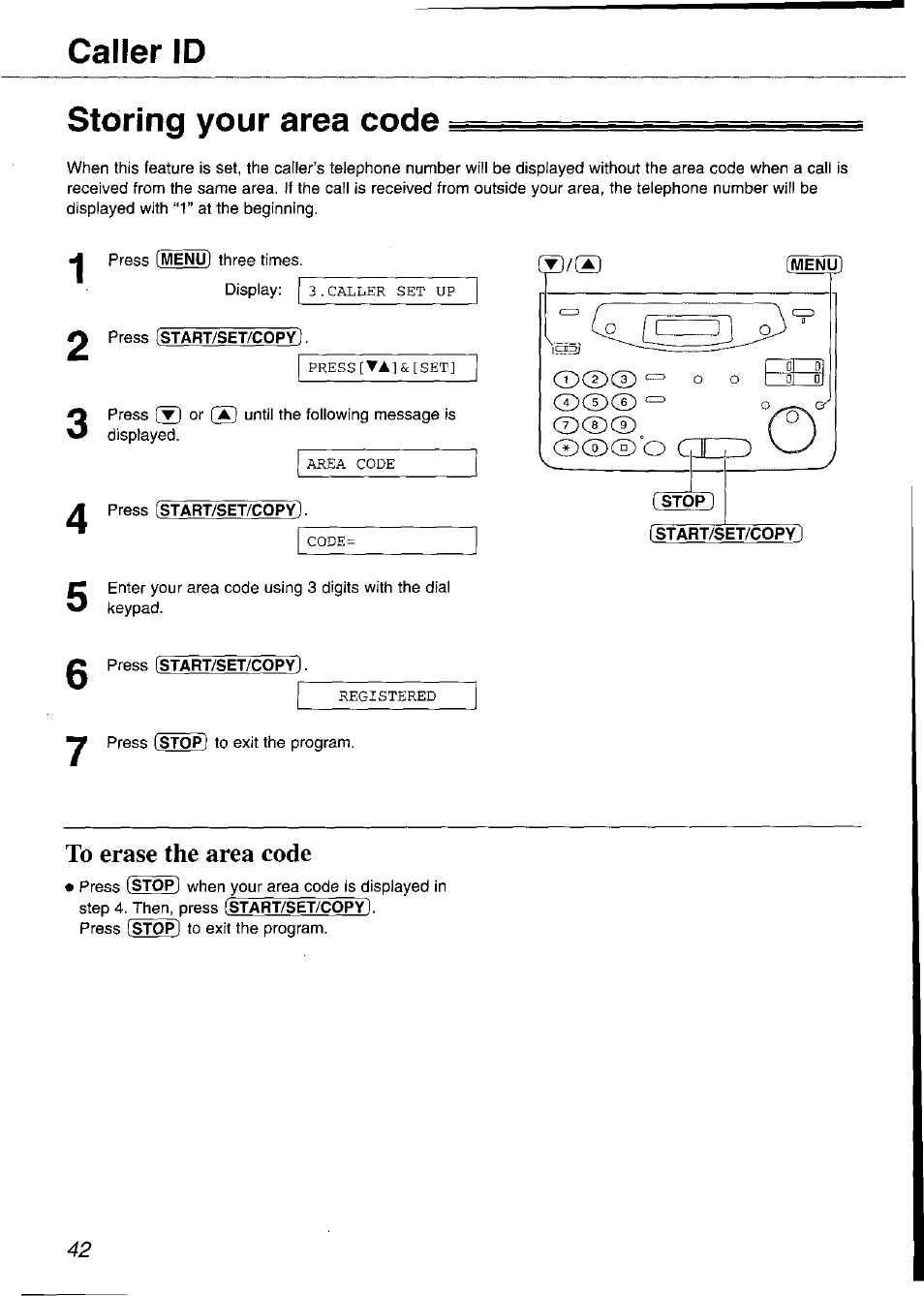 Storing your area code, To erase the area code, Storing your area code caller id | Panasonic KX-FP105 User Manual | Page 42 / 112