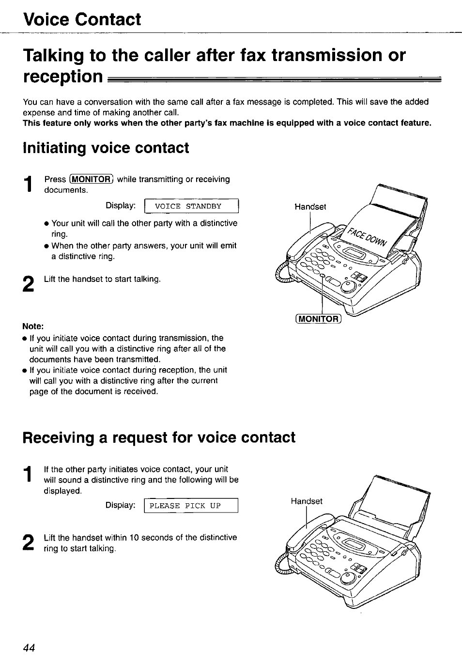 Voice contact, Initiating voice contact, Note | Receiving a request for voice contact | Panasonic KX-FP105 User Manual | Page 44 / 112