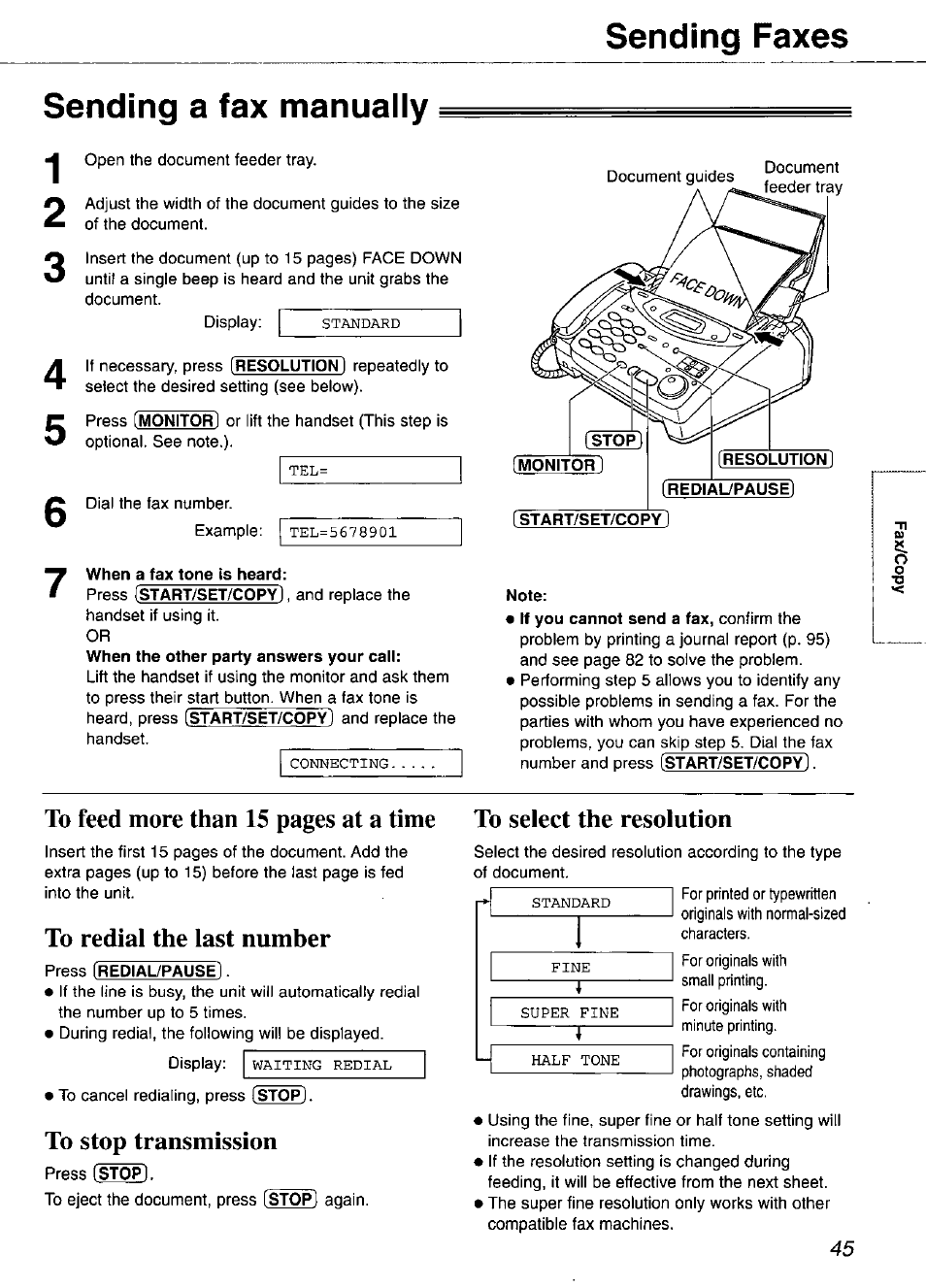 Sending a fax manually, When a fax tone is heard, Start/set/copy | Note, To stop transmission, Sending faxes sending a fax manually | Panasonic KX-FP105 User Manual | Page 45 / 112