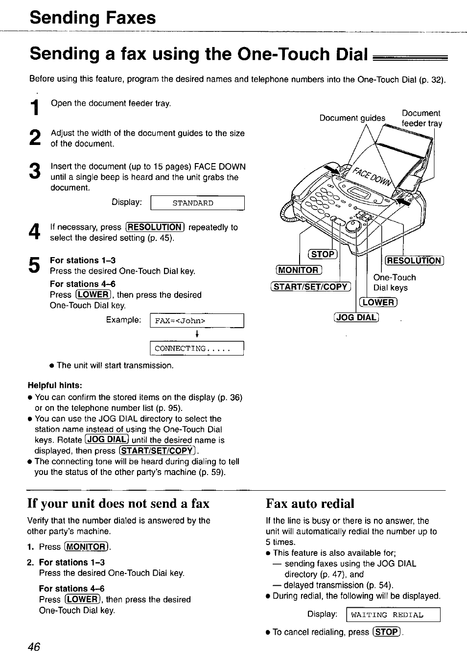 Sending a fax using the one-touch dial, If your unit does not send a fax, Fax auto redial | Panasonic KX-FP105 User Manual | Page 46 / 112