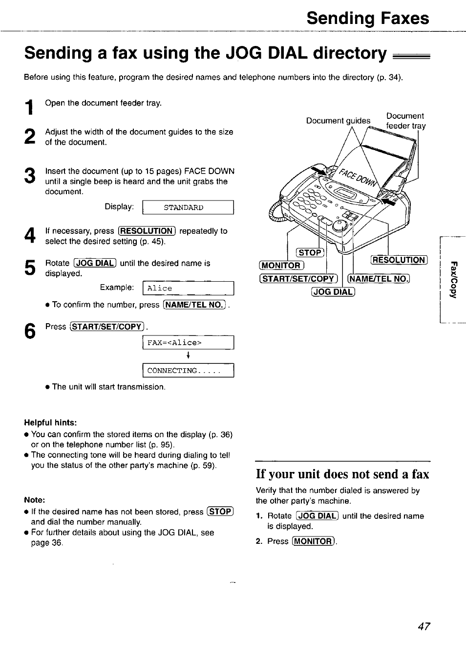 Sending a fax using the jog dial directory, Helpful hints, Note | If your unit does not send a fax | Panasonic KX-FP105 User Manual | Page 47 / 112