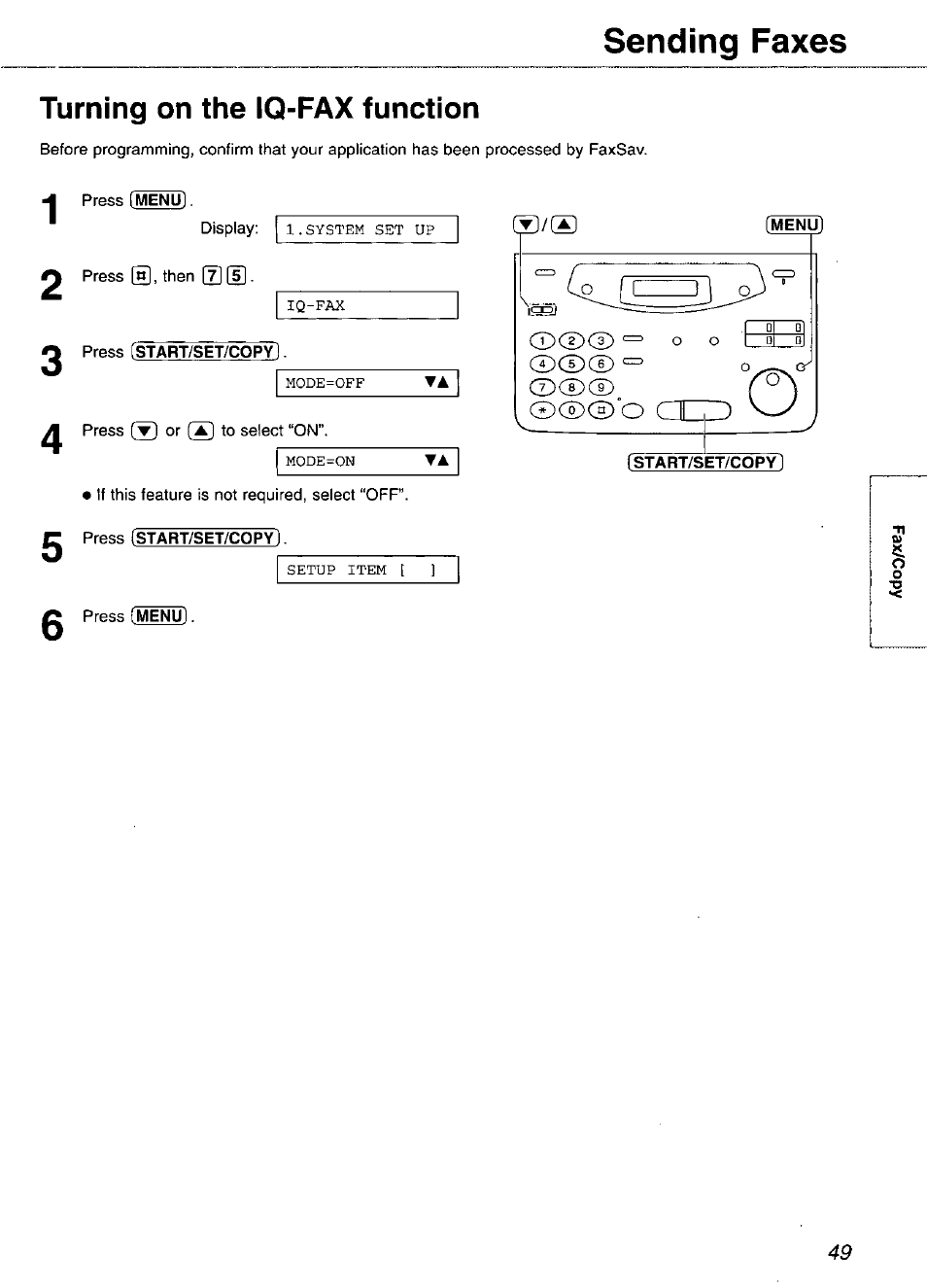 Turning on the iq-fax function, Fstart/set/copy, Sending faxes | Panasonic KX-FP105 User Manual | Page 49 / 112