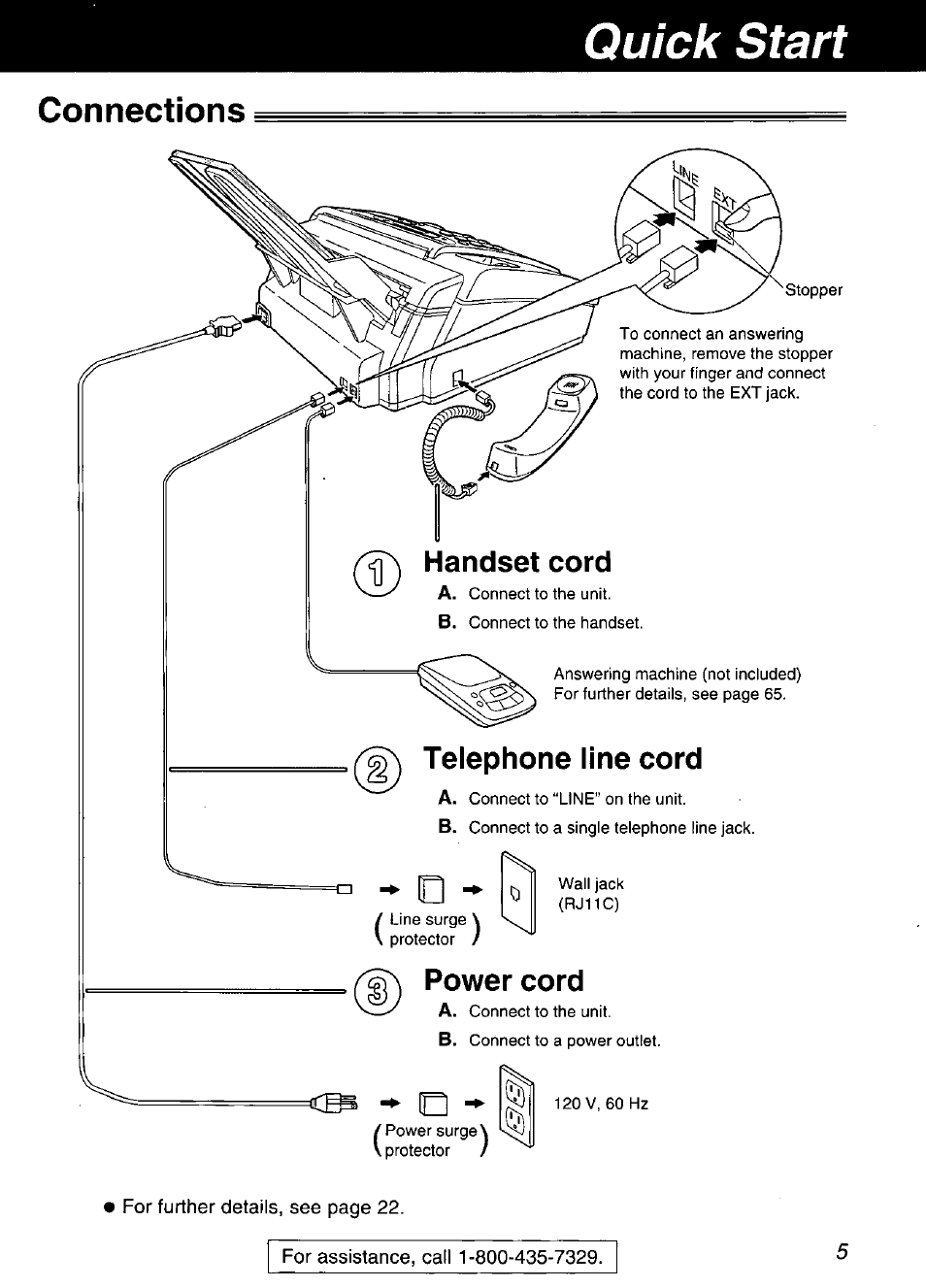 Connections, Quick start | Panasonic KX-FP105 User Manual | Page 5 / 112