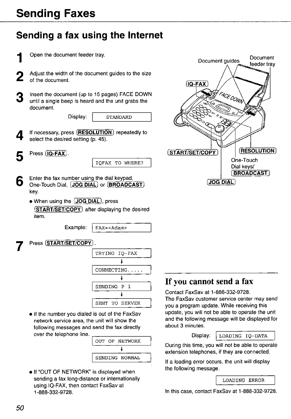 Sending a fax using the internet, Jog dial, If you cannot send a fax | Sending faxes | Panasonic KX-FP105 User Manual | Page 50 / 112