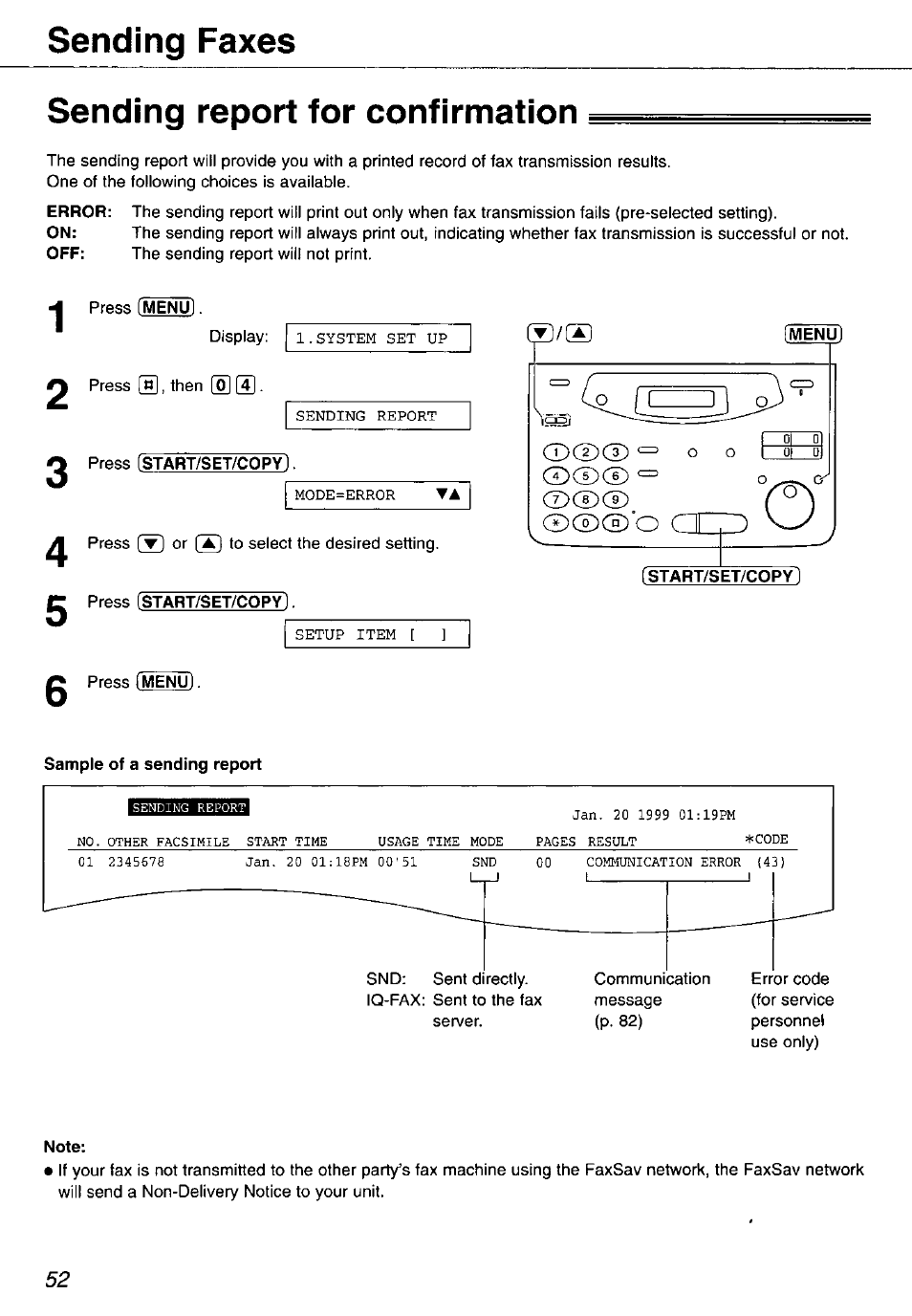 Sending report for confirmation, Start/set/copy, Sending faxes sending report for confirmation | Panasonic KX-FP105 User Manual | Page 52 / 112