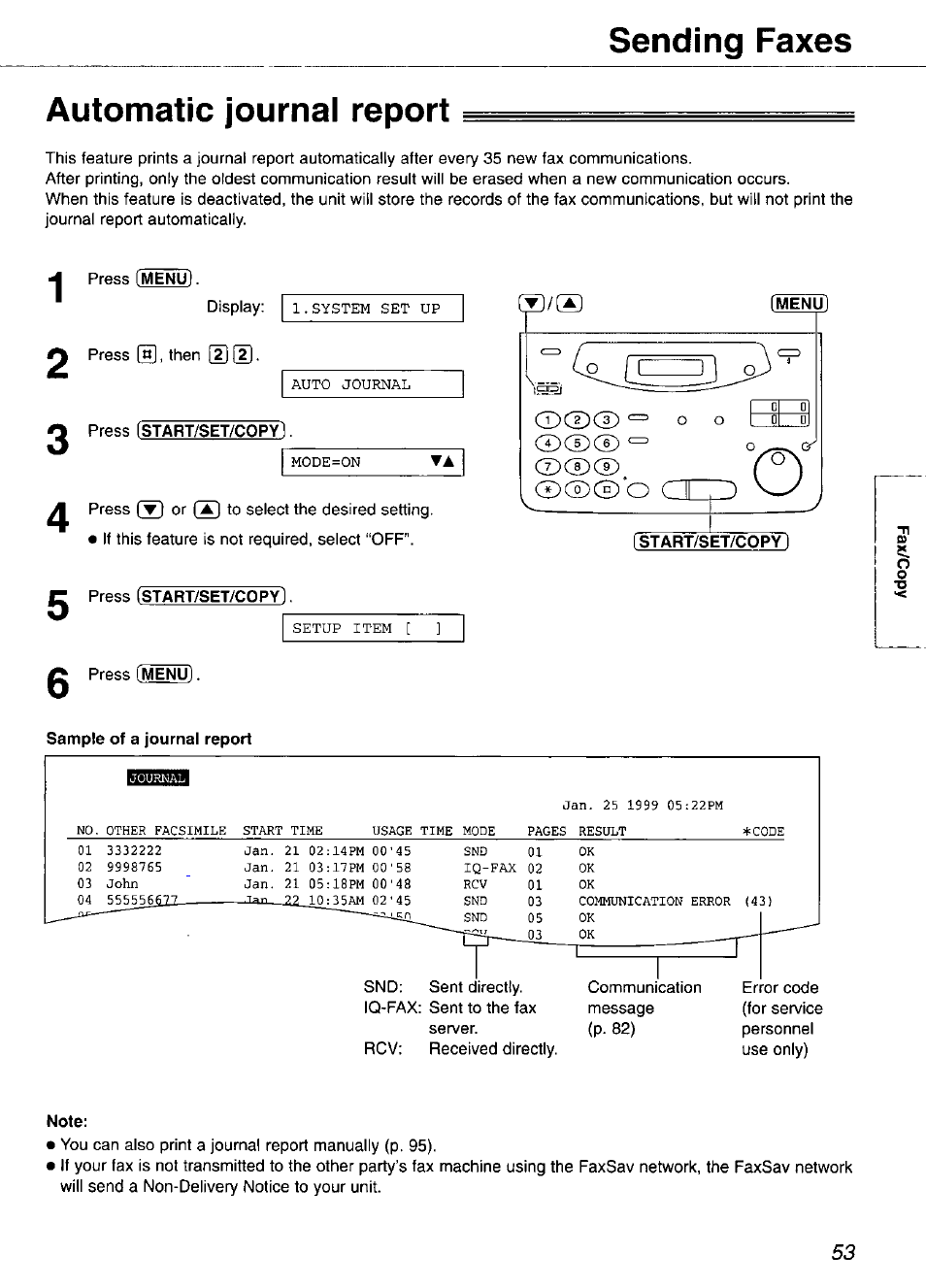 Automatic journal report, Sending faxes automatic journal report | Panasonic KX-FP105 User Manual | Page 53 / 112