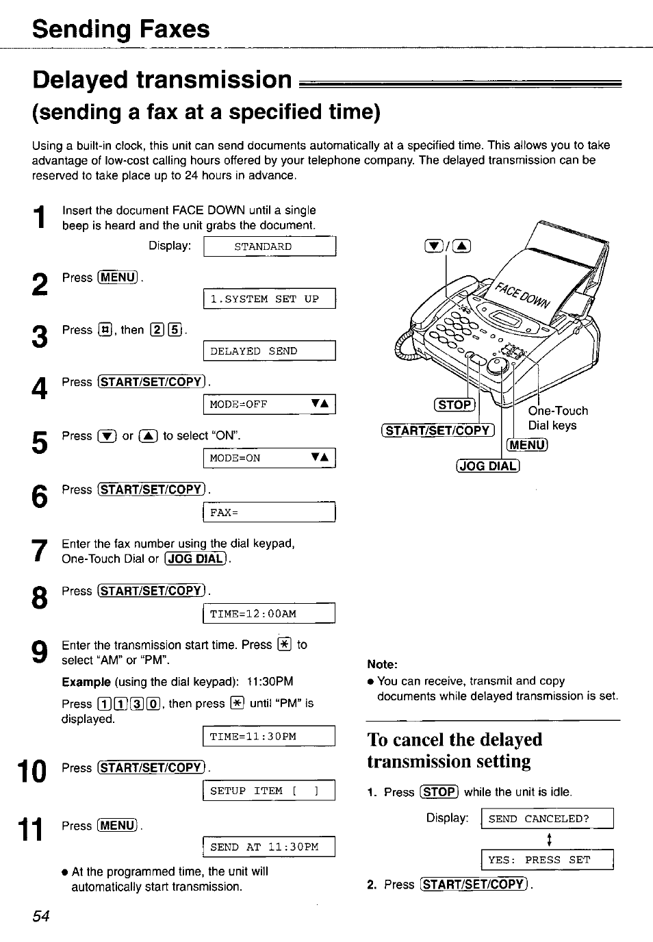 Delayed transmission, Sending a fax at a specified time), To cancel the delayed transmission setting | Sending faxes delayed transmission | Panasonic KX-FP105 User Manual | Page 54 / 112