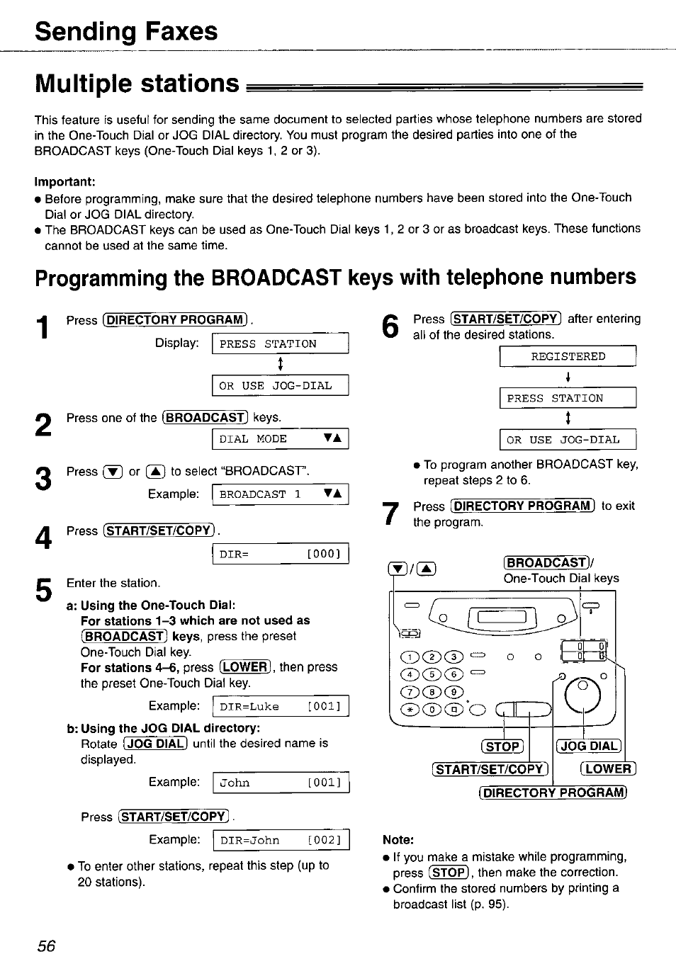 Multiple stations, Press [directory program, Press [start/set/copy | Ibroadcasti, Stop, Jog dial, Start/set/copy] [ lower ] [directory program), Sending faxes multiple stations | Panasonic KX-FP105 User Manual | Page 56 / 112