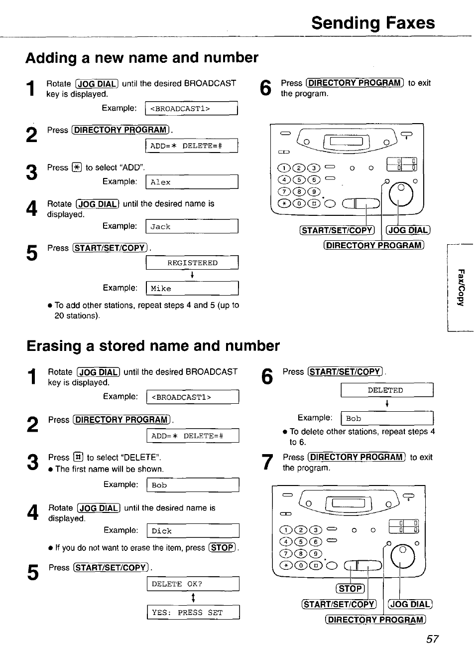 Adding a new name and number, Press [directory program, Start/set/copy | Jog dial), Directory prograft/t), Erasing a stored name and number, Stop [start/set/copy, Jog dial, Directory programi, Sending faxes | Panasonic KX-FP105 User Manual | Page 57 / 112