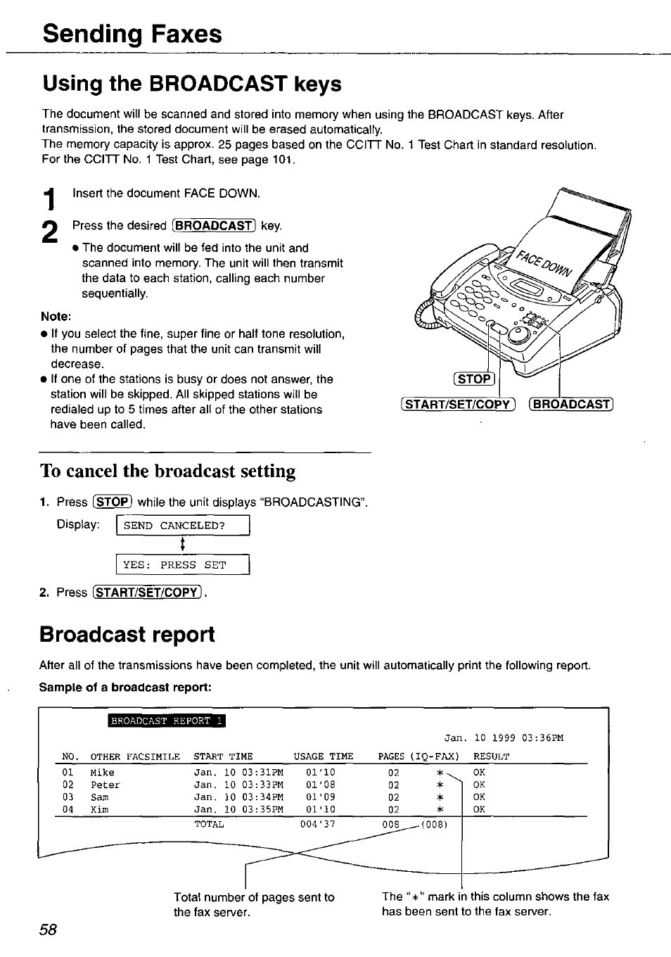 Using the broadcast keys, To cancel the broadcast setting, Broadcast report | Sending faxes | Panasonic KX-FP105 User Manual | Page 58 / 112