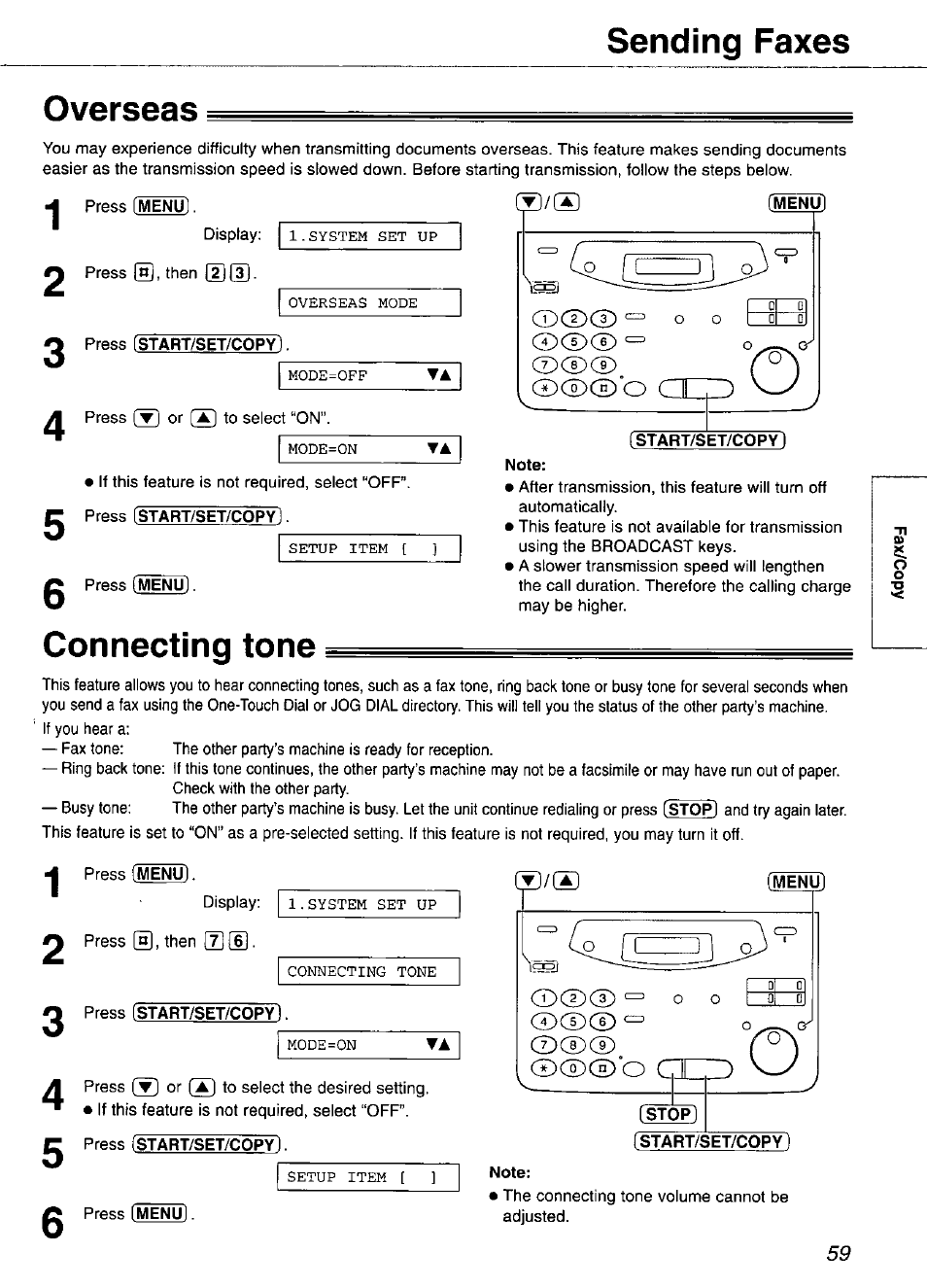 Overseas, Connecting tone, Press (start/set/copy) | Menu), Note, Overseas connecting tone, Sending faxes overseas | Panasonic KX-FP105 User Manual | Page 59 / 112