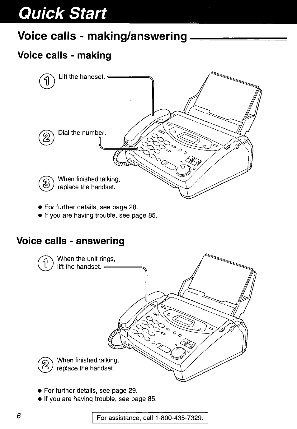 Voice calls - making/answering, Voice calls - making, Voice caiis - answering | Quick start | Panasonic KX-FP105 User Manual | Page 6 / 112