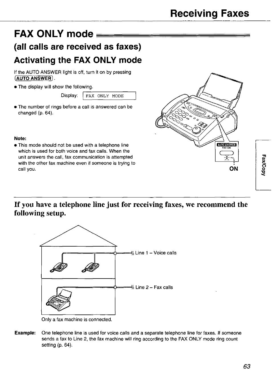 Fax only mode, Receiving faxes fax only mode | Panasonic KX-FP105 User Manual | Page 63 / 112