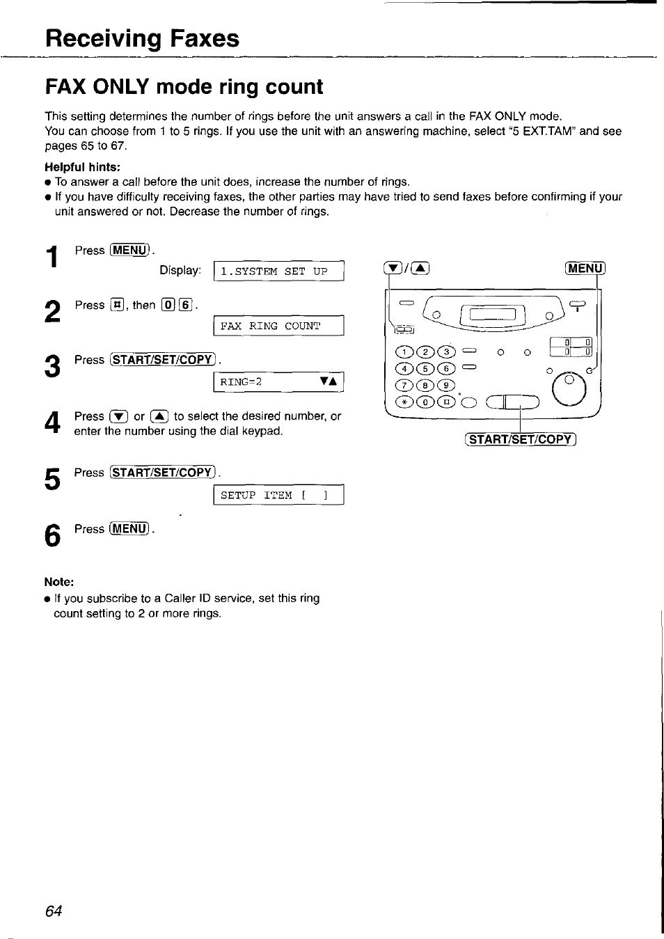 Fax only mode ring count, Helpful hints, Press [start/set/copy | Note, Receiving faxes, Cd cd ©cd | Panasonic KX-FP105 User Manual | Page 64 / 112