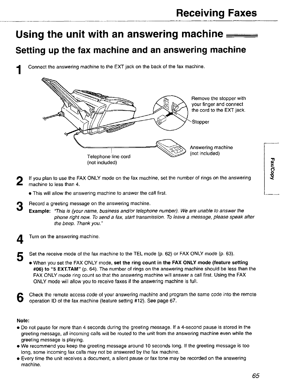 Using the unit with an answering machine, Note | Panasonic KX-FP105 User Manual | Page 65 / 112