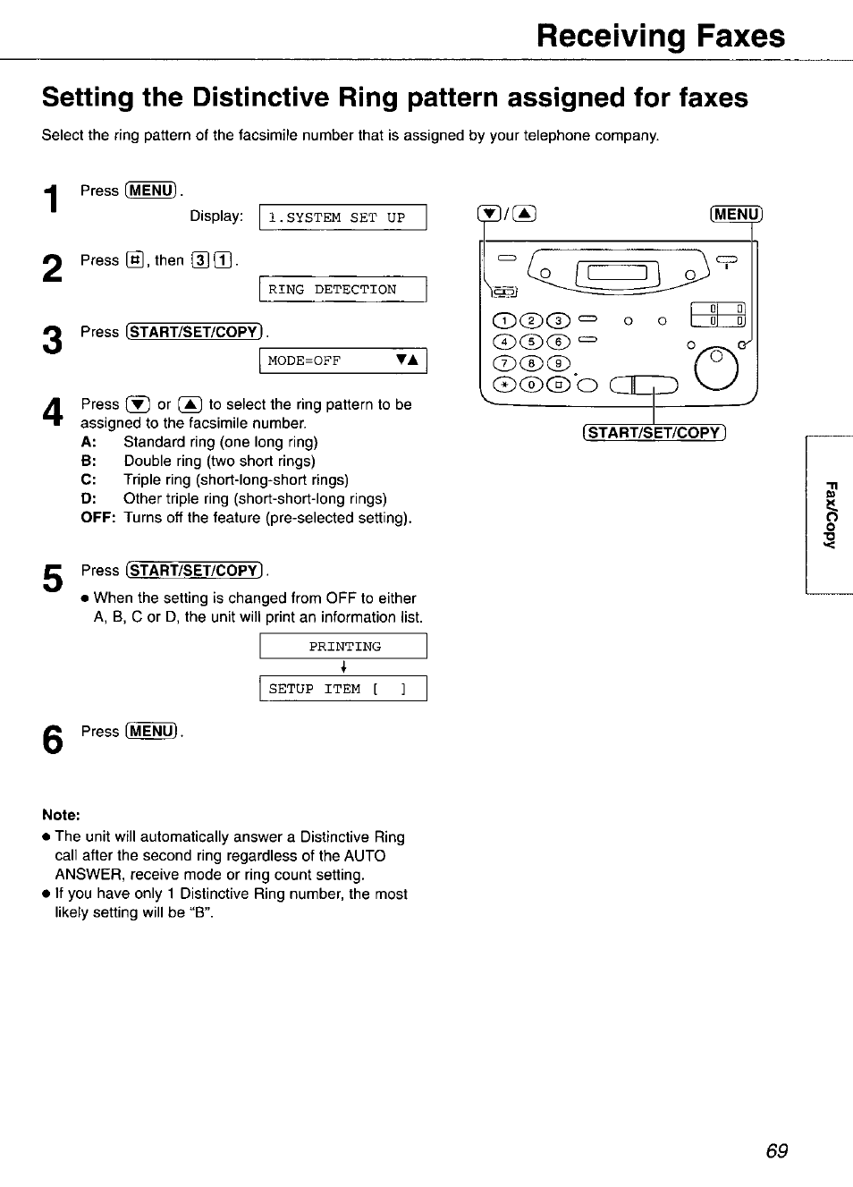 Menu, Start/set/copy), Receiving faxes | Cd® “ c | Panasonic KX-FP105 User Manual | Page 69 / 112