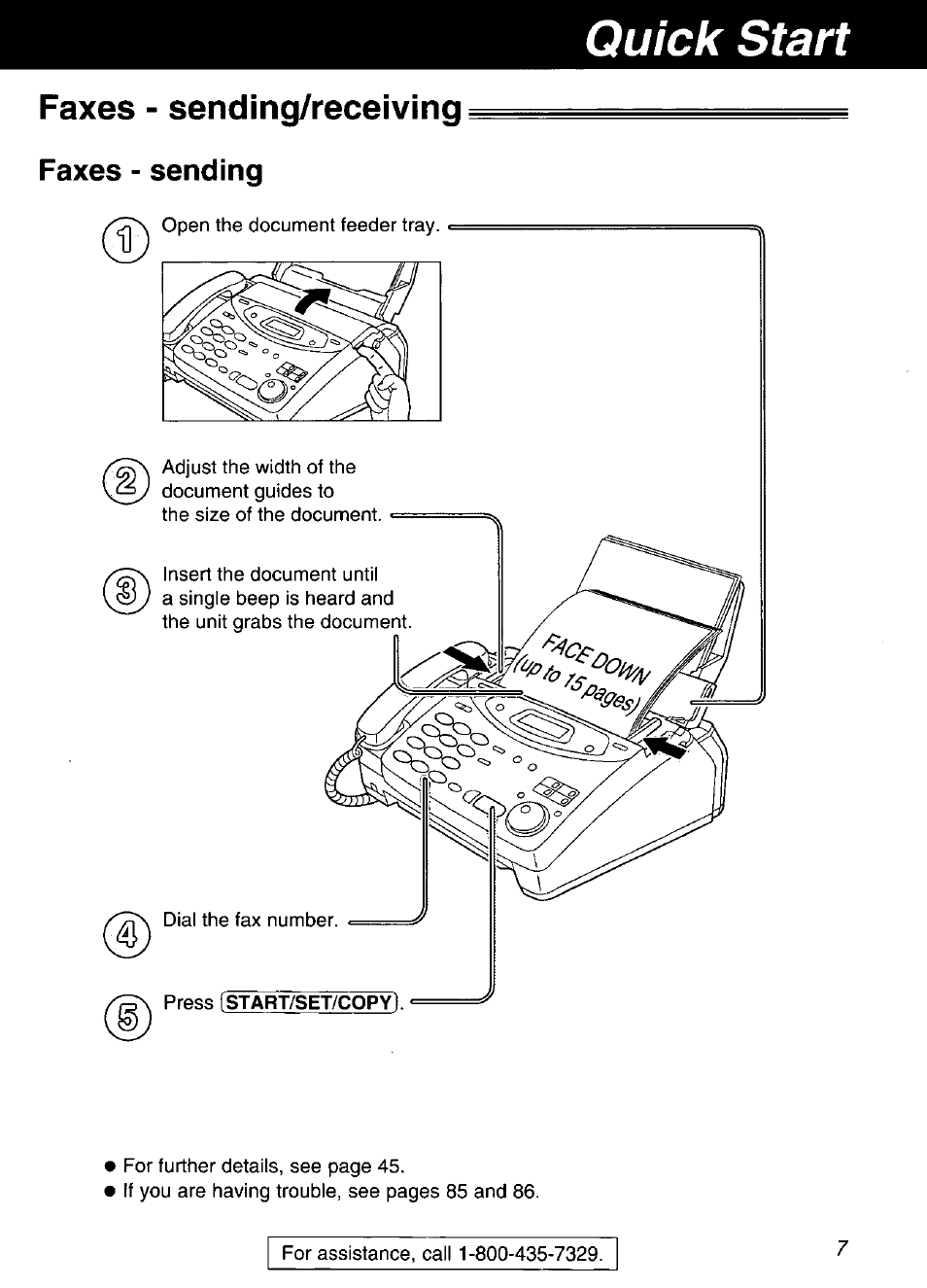 Faxes - sending/receiving, Faxes - sending, Quick start | Panasonic KX-FP105 User Manual | Page 7 / 112