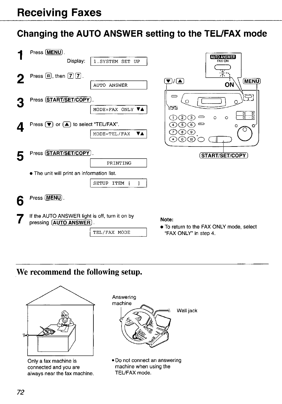 We recommend the following setup, Receiving faxes | Panasonic KX-FP105 User Manual | Page 72 / 112