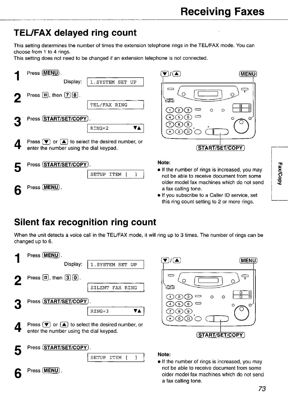 Tel/fax delayed ring count, Menu, Istart/set/copy | Silent fax recognition ring count, Receiving faxes | Panasonic KX-FP105 User Manual | Page 73 / 112