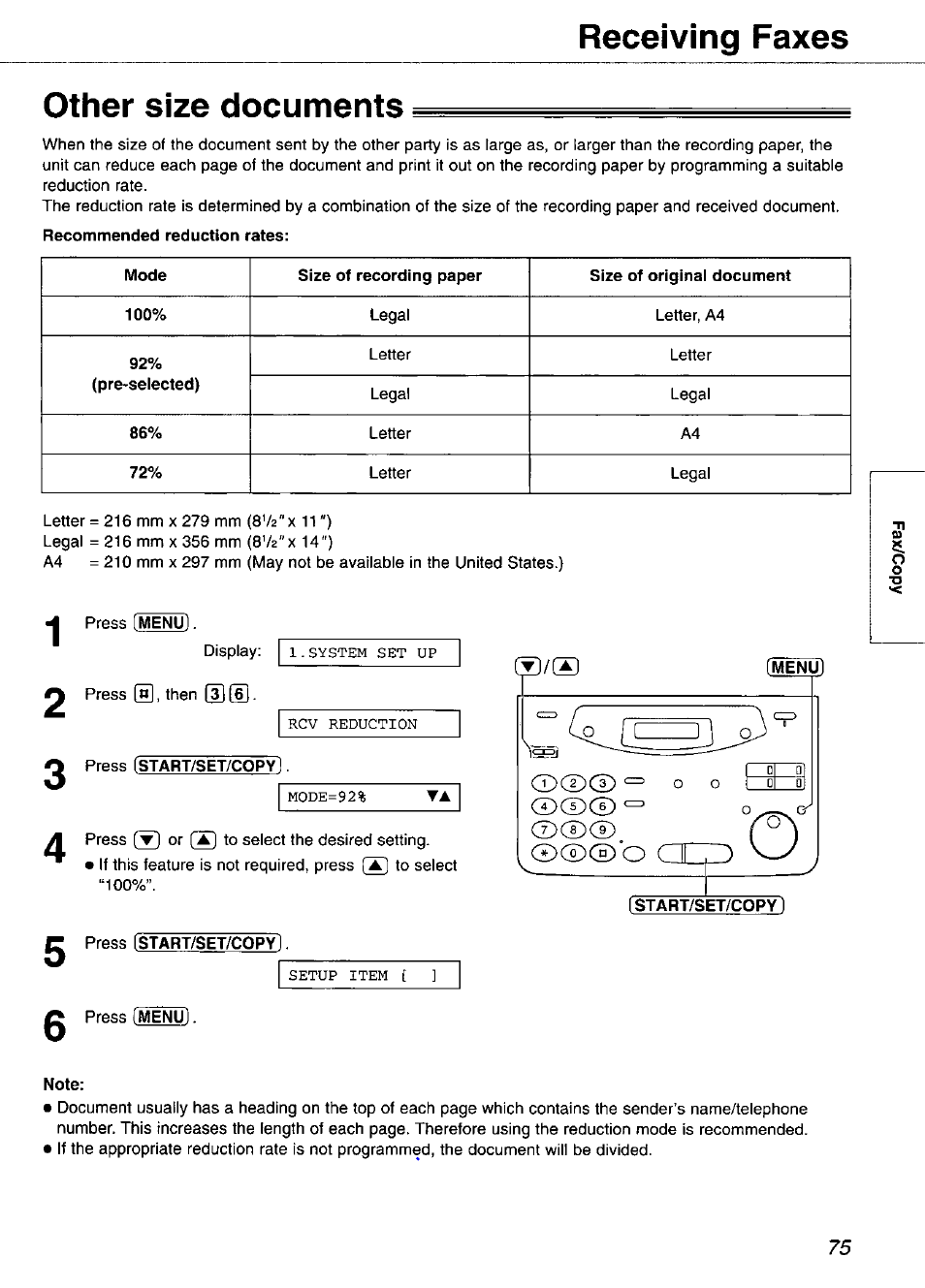 Other size documents, Press (start/set/copy, Press (start/set/copy) | Note, Receiving faxes other size documents, Ocdcd | Panasonic KX-FP105 User Manual | Page 75 / 112