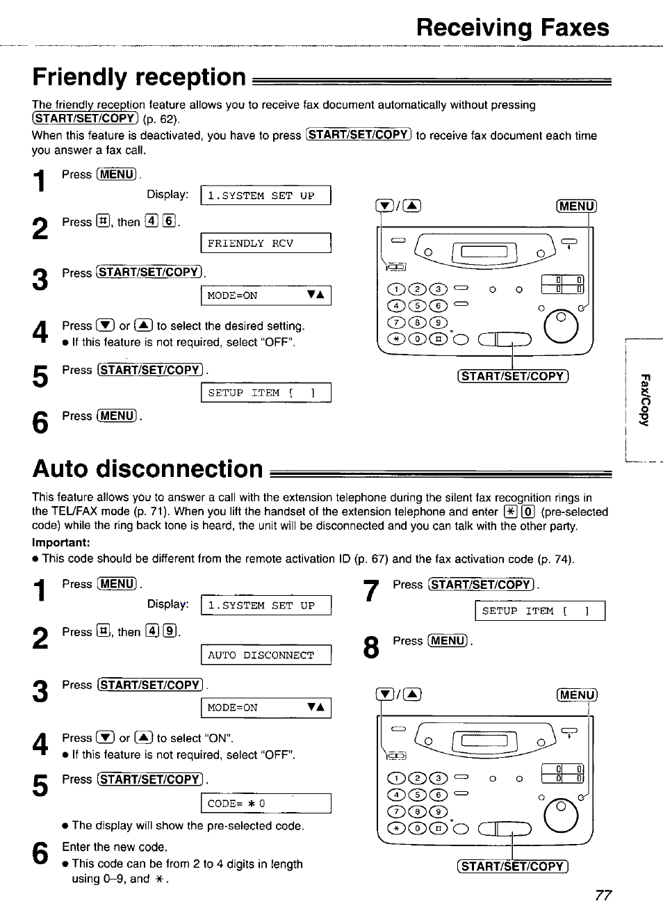 Friendly reception, Press (start/set/copy), Menu) | Start/set/copy), Auto disconnection, Press (menu), Receiving faxes friendly reception, S) is | Panasonic KX-FP105 User Manual | Page 77 / 112
