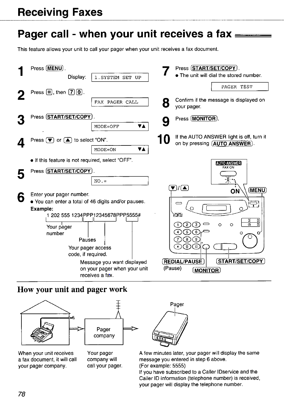 Press istart/set/copy), Redial/pause), Monitor) | I start/set/copy i, How your unit and pager work | Panasonic KX-FP105 User Manual | Page 78 / 112