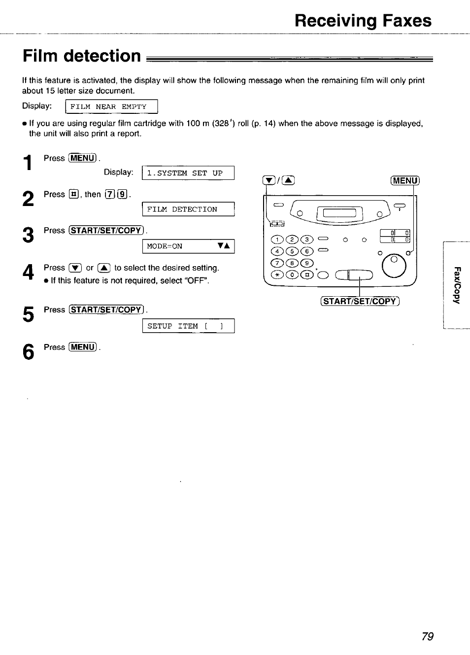 Film detection, Menu, Receiving faxes film detection | Panasonic KX-FP105 User Manual | Page 79 / 112