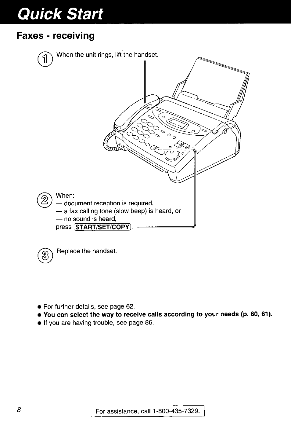Faxes - receiving, Quick start | Panasonic KX-FP105 User Manual | Page 8 / 112