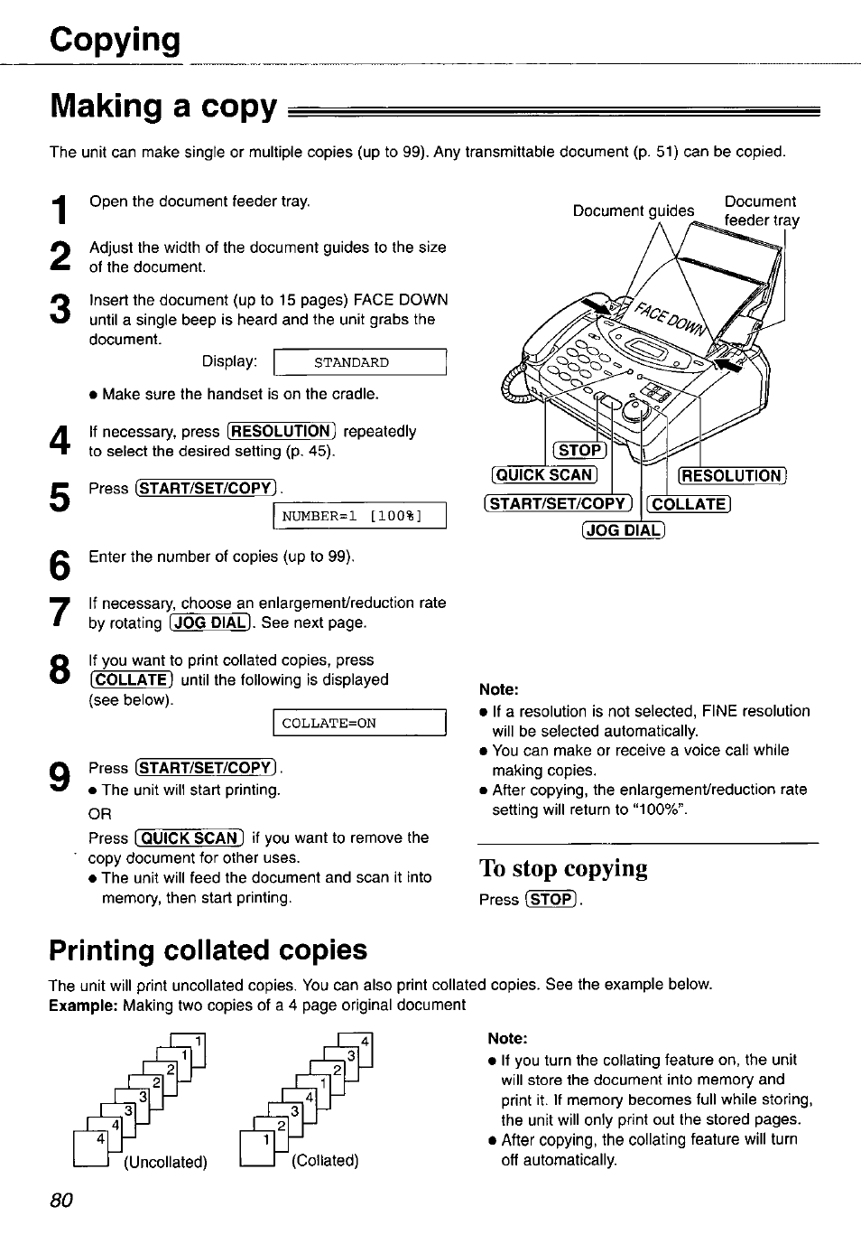Copying, Making a copy, Quick scan [start/set/copy | Collate (jog dial, To stop copying, Printing collated copies, Copying making a copy | Panasonic KX-FP105 User Manual | Page 80 / 112