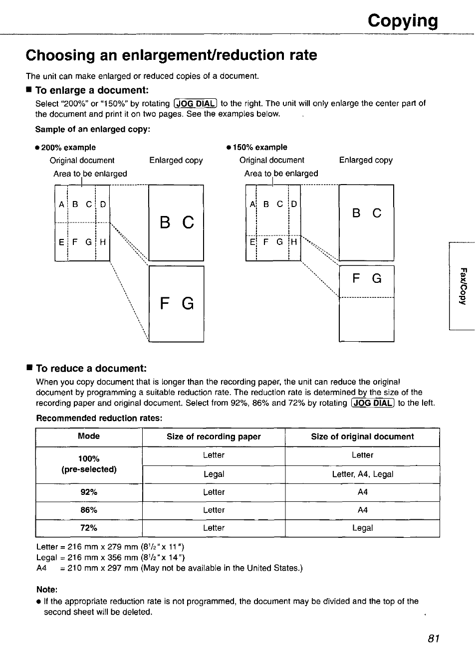 Choosing an enlargement/reduction rate, 200% example, 150% example | Recommended reduction rates, Note, Copying | Panasonic KX-FP105 User Manual | Page 81 / 112