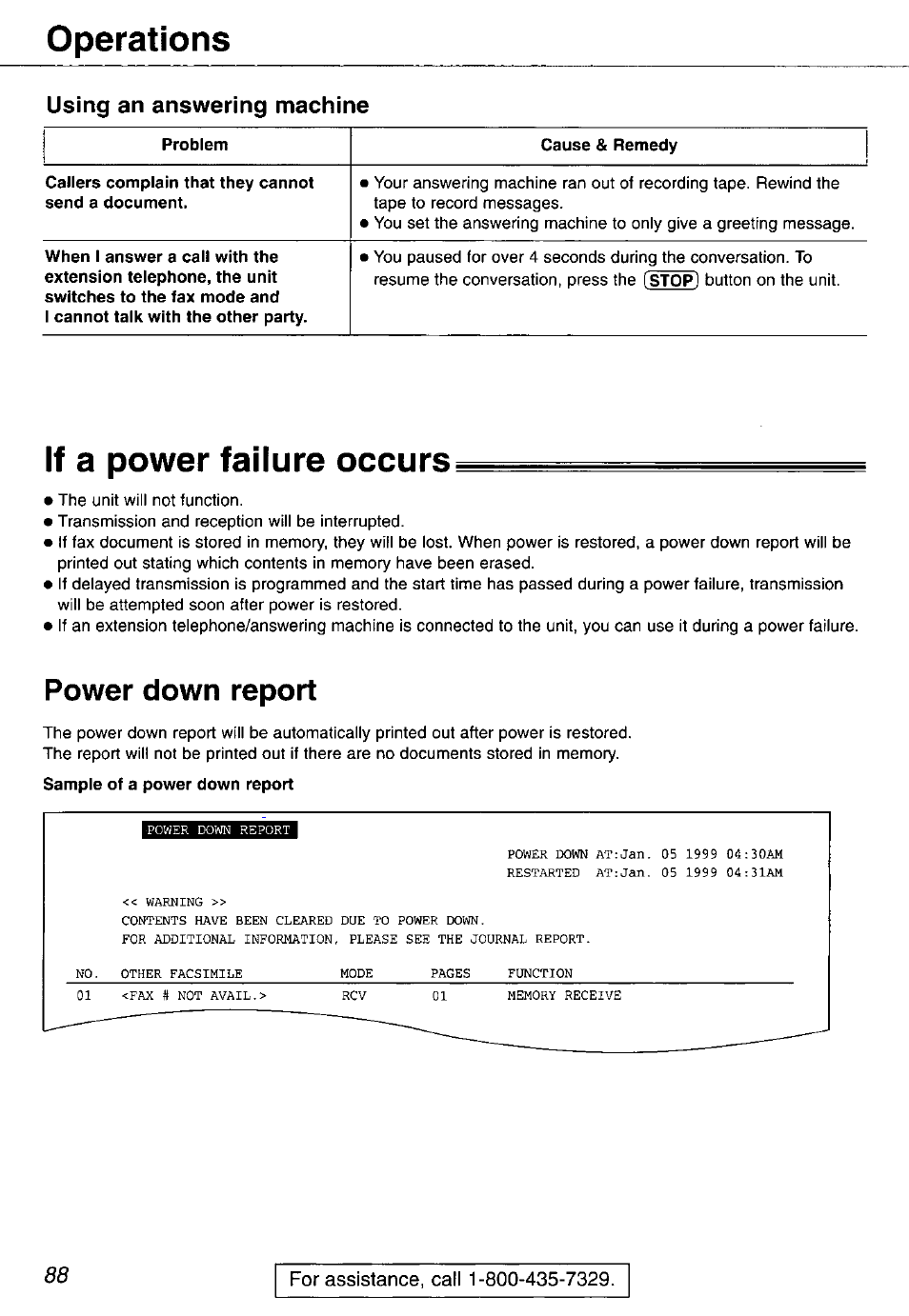 Using an answering machine, If a power failure occurs, Power down report | Operations | Panasonic KX-FP105 User Manual | Page 88 / 112