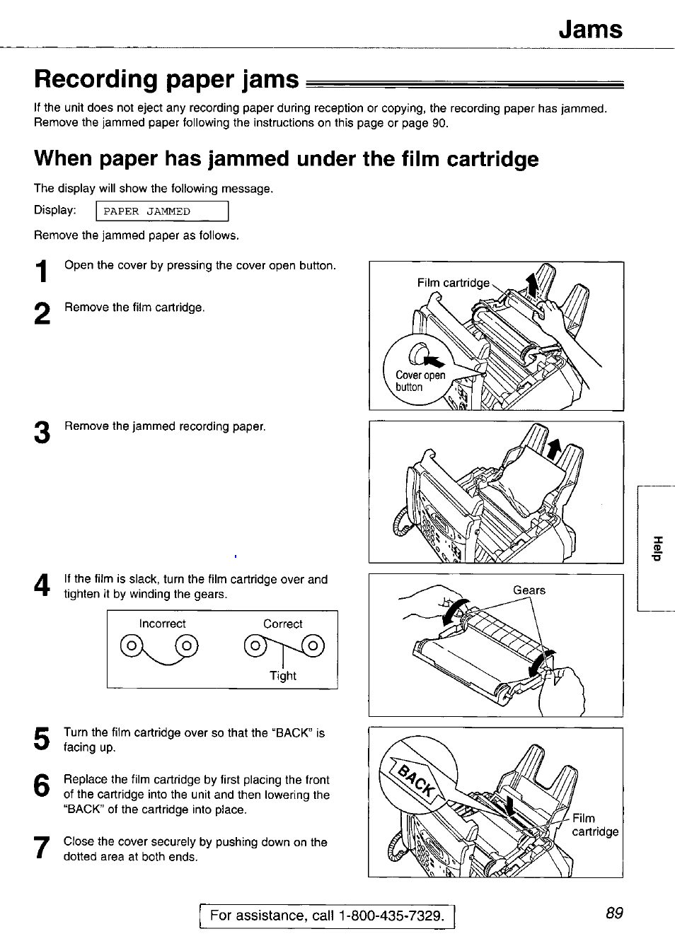 Recording paper jams, When paper has jammed under the film cartridge, Jams recording paper jams | Panasonic KX-FP105 User Manual | Page 89 / 112