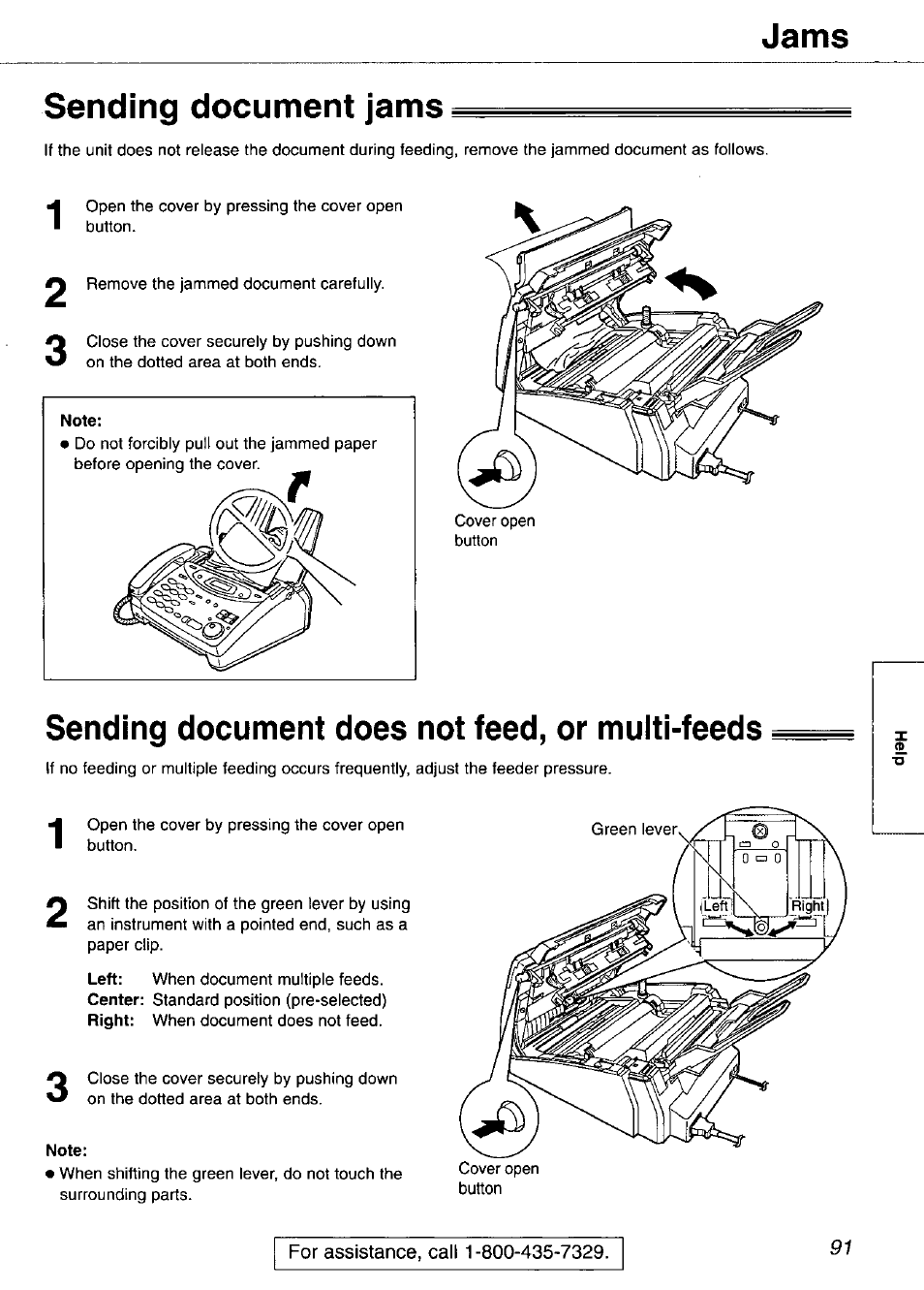 Sending document jams, Sending document does not feed, or muiti-feeds, Note | Jams sending document jams | Panasonic KX-FP105 User Manual | Page 91 / 112