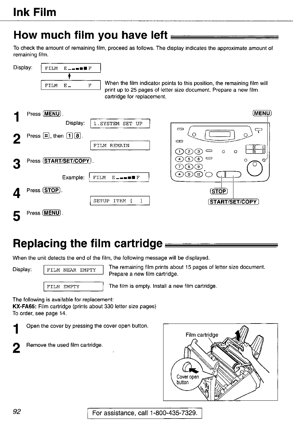 Ink film, How much film you have left, Replacing the film cartridge | Ink film how much film you have left | Panasonic KX-FP105 User Manual | Page 92 / 112