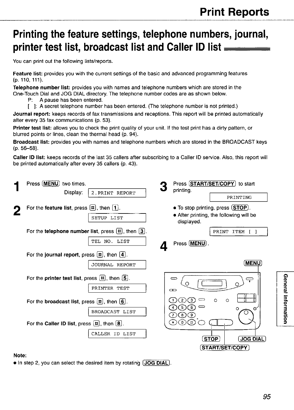 Note, Print reports | Panasonic KX-FP105 User Manual | Page 95 / 112