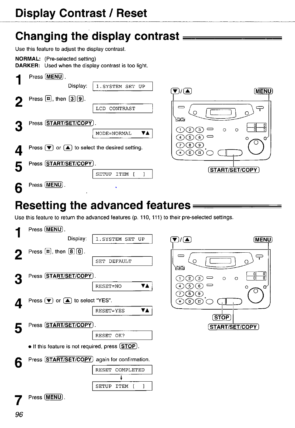 Display contrast / reset, Changing the display contrast, Bhnd | Press istart/set/copy), Resetting the advanced features, Istart/set/copy), 0 press (start/set/copyl, Menu), Stop), Fstart/s | Panasonic KX-FP105 User Manual | Page 96 / 112