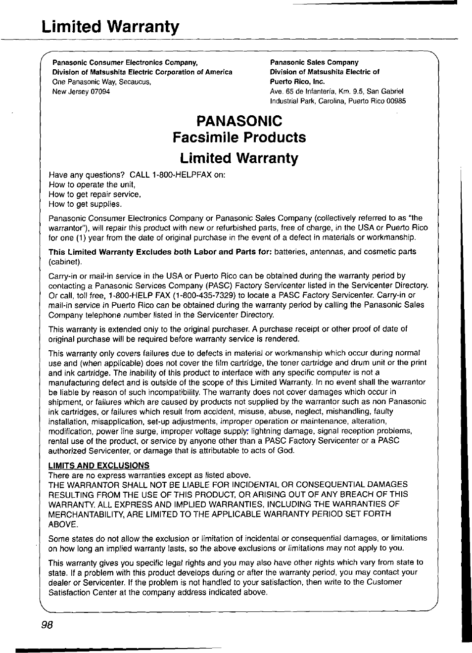 Panasonic facsimile products, Limited warranty, Limits and exclusions | Panasonic facsimile products limited warranty | Panasonic KX-FP105 User Manual | Page 98 / 112