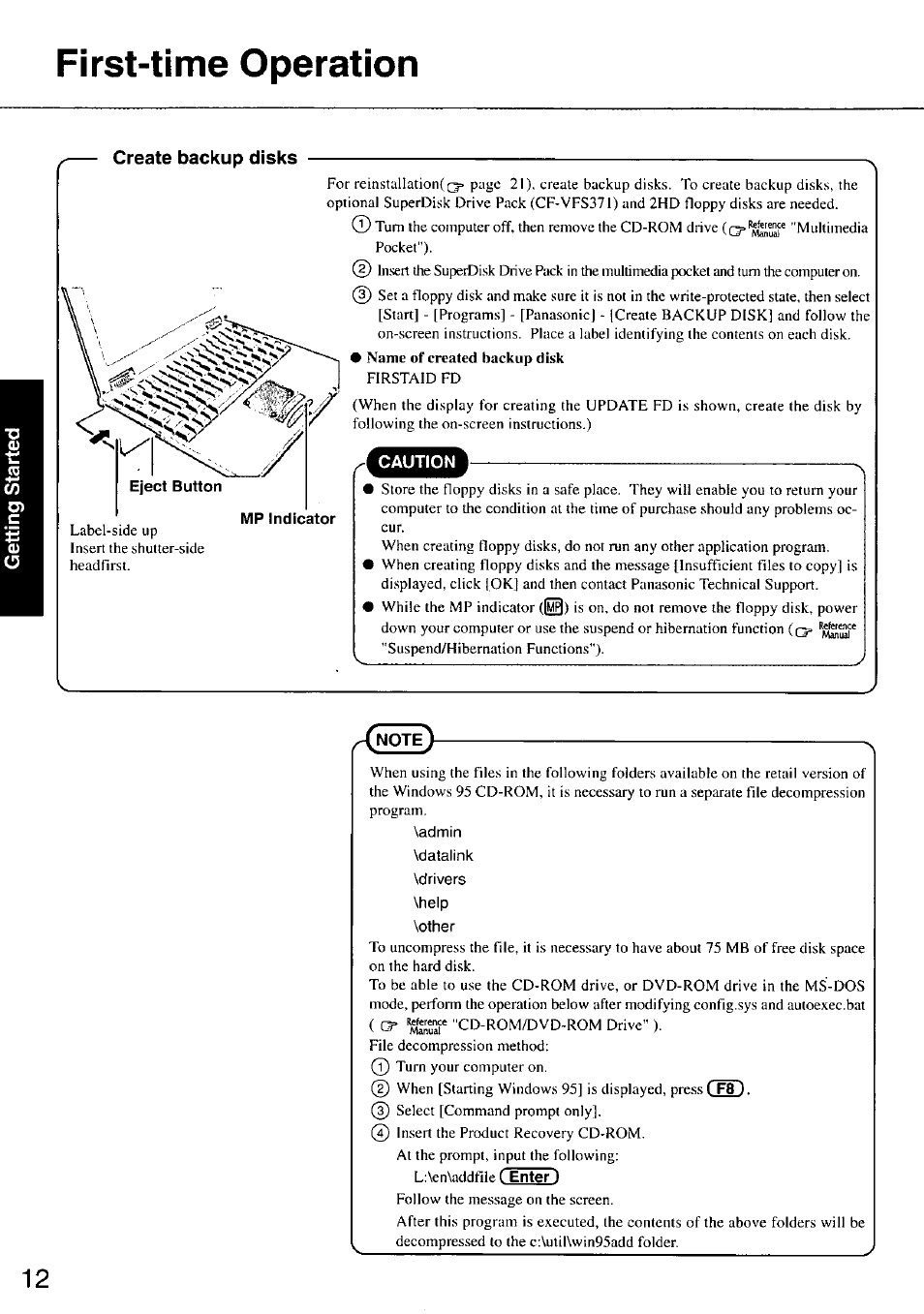 Create backup disks, First-time operation | Panasonic TOUGHBOOK CF-37 User Manual | Page 12 / 28