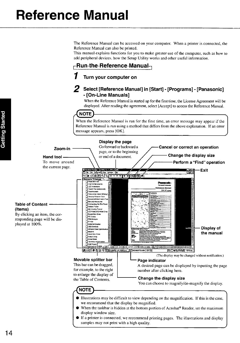 Turn your computer on, On-line manuals, Hand tool | Cancel or correct an operation, Display of the manual, Change the display size, Reference manual, Run-the-reference manual | Panasonic TOUGHBOOK CF-37 User Manual | Page 14 / 28