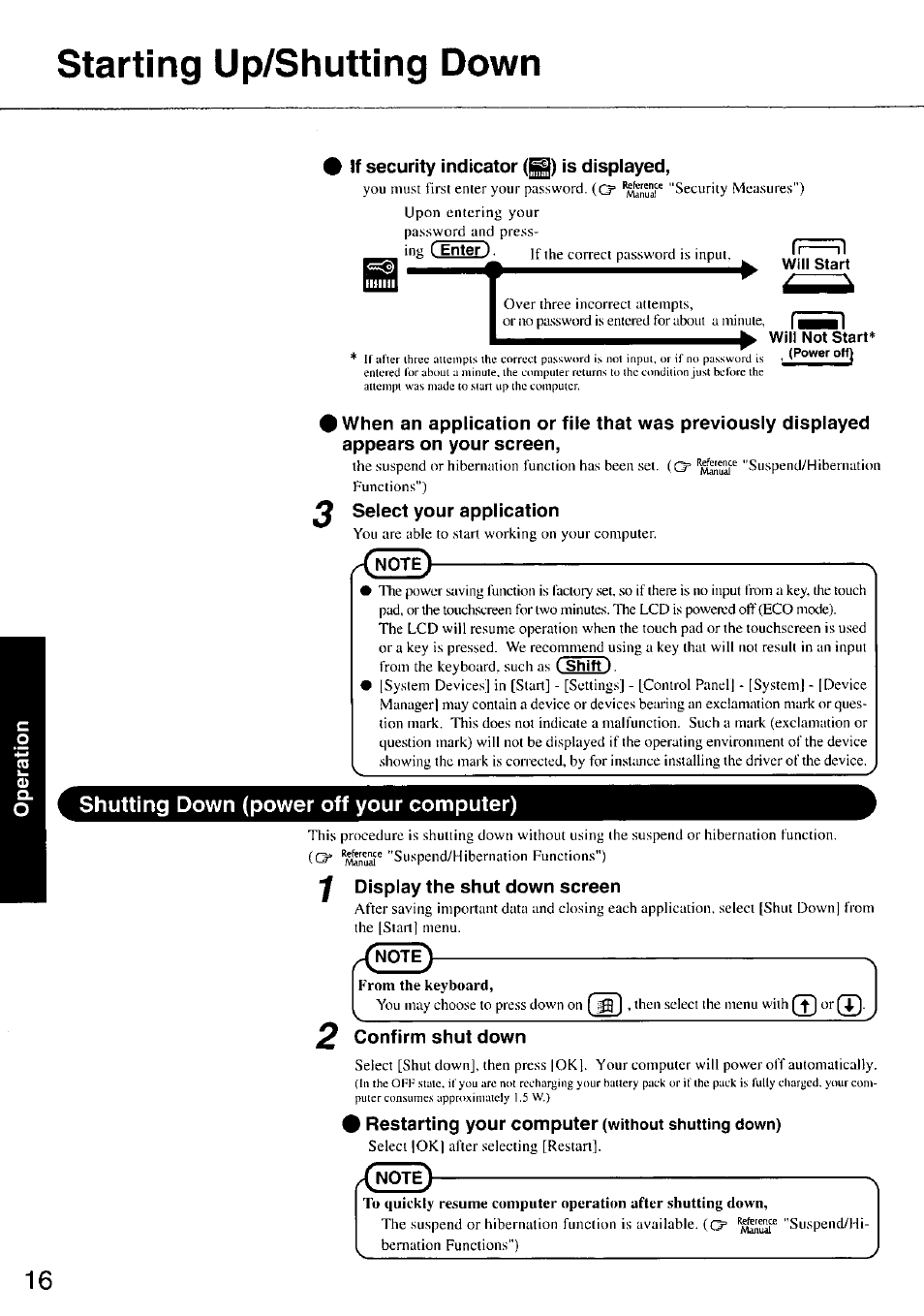 If security indicator (g) is displayed, Select your application, Y display the shut down screen | 2 confirm shut down, I restarting your computer (without shutting down), Х 5 ё, Starting up/shutting down | Panasonic TOUGHBOOK CF-37 User Manual | Page 16 / 28