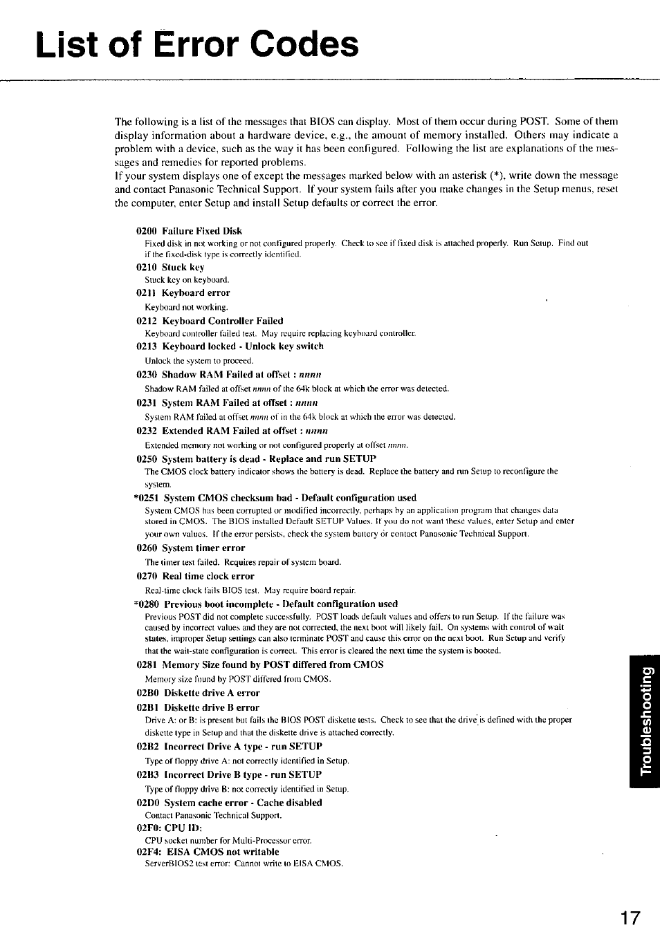List of error codes | Panasonic TOUGHBOOK CF-37 User Manual | Page 17 / 28