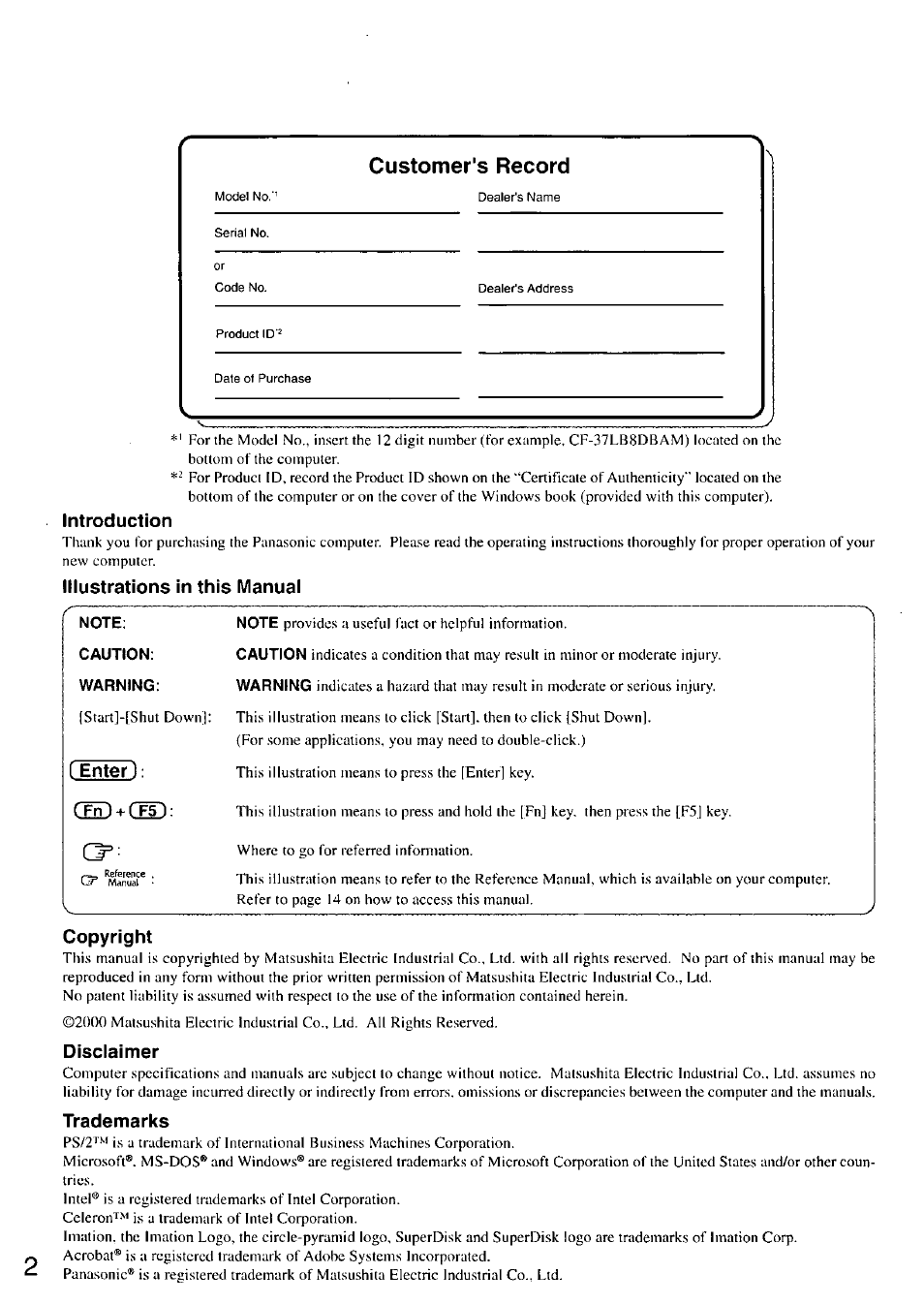 Introduction, Illustrations in this manual, Note | Caution, Warning, Copyright, Disclaimer, Trademarks, Center): cend + chd, Customer's record | Panasonic TOUGHBOOK CF-37 User Manual | Page 2 / 28