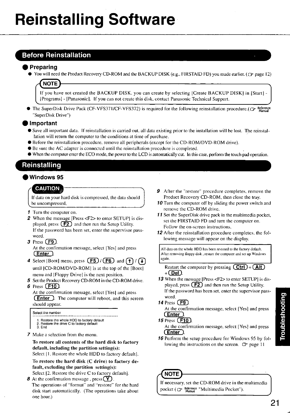 Preparing, I important, Windows 95 | Reinstalling software | Panasonic TOUGHBOOK CF-37 User Manual | Page 21 / 28