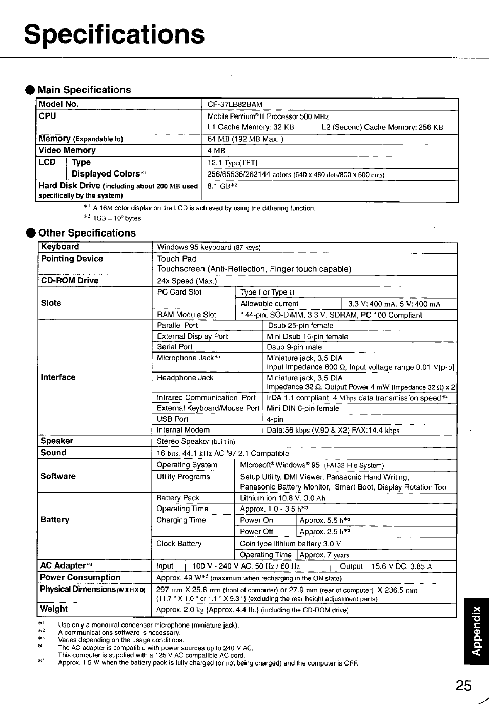 Main specifications, Other specifications, Specifications | Panasonic TOUGHBOOK CF-37 User Manual | Page 25 / 28