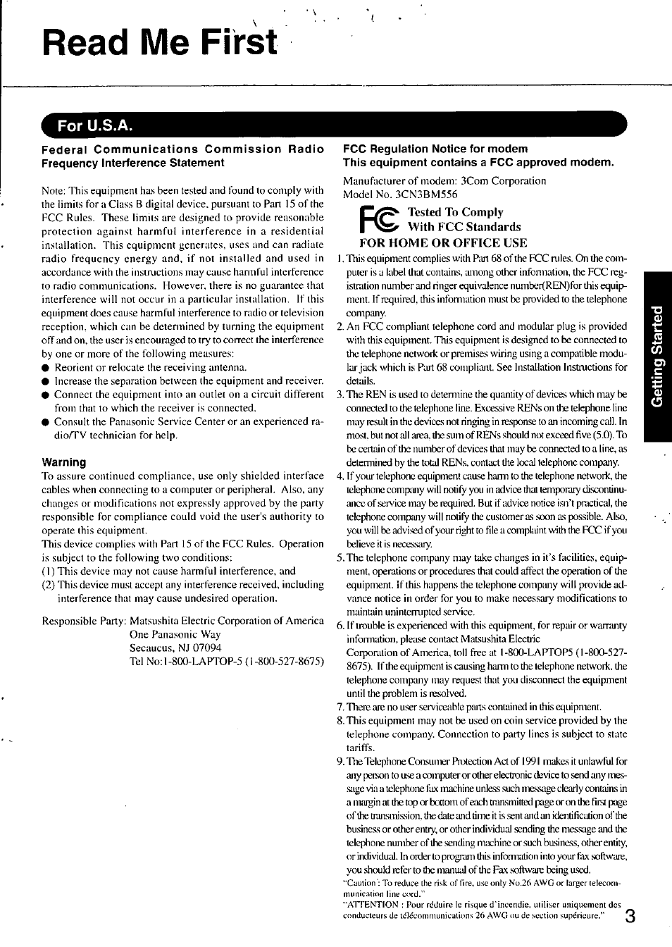 Warning, Fcc regulation notice for modem, Read me first | For u.s.a | Panasonic TOUGHBOOK CF-37 User Manual | Page 3 / 28