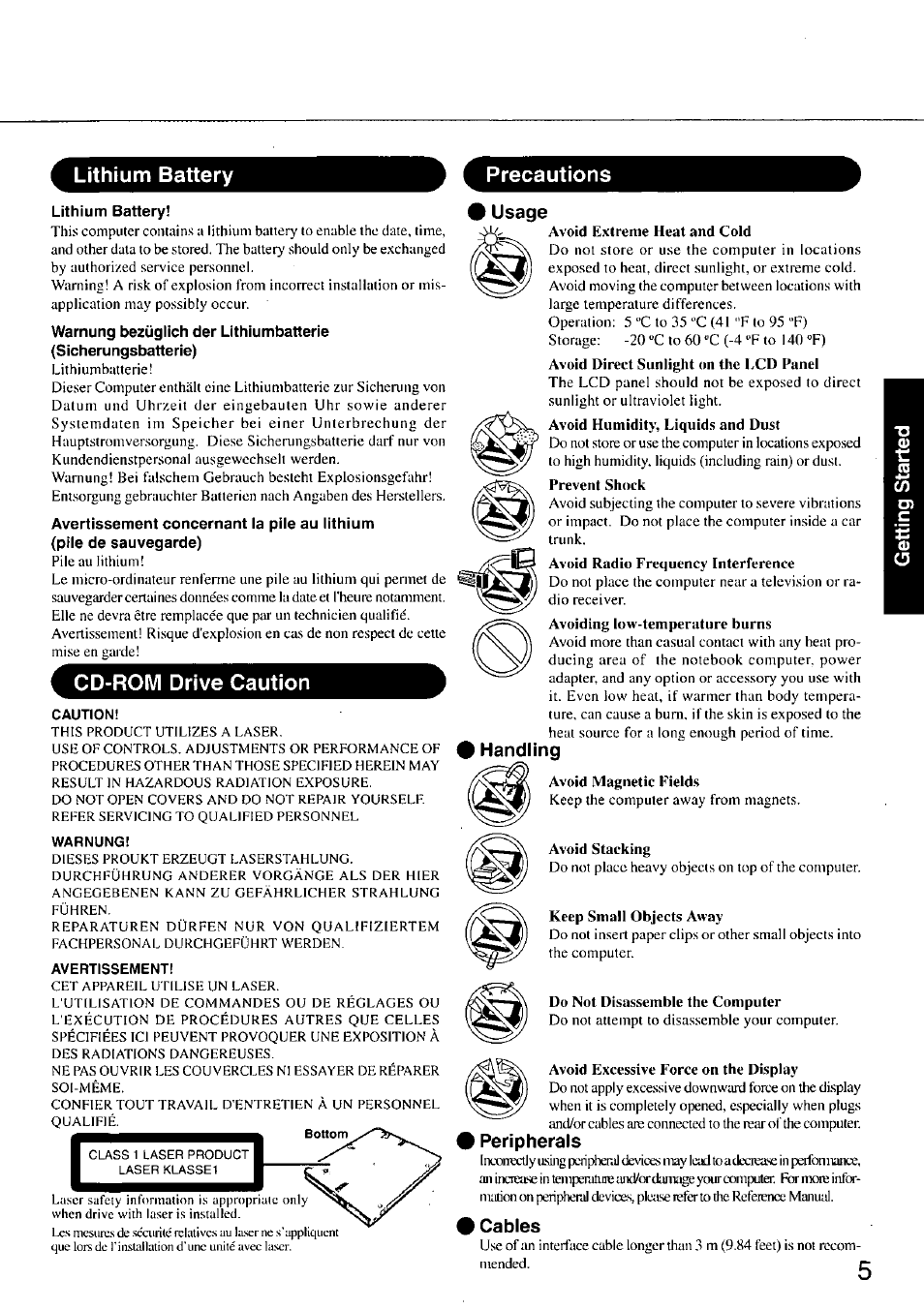 Lithium battery, Usage, Handling | Peripherals, Cables, Lithium battery precautions | Panasonic TOUGHBOOK CF-37 User Manual | Page 5 / 28