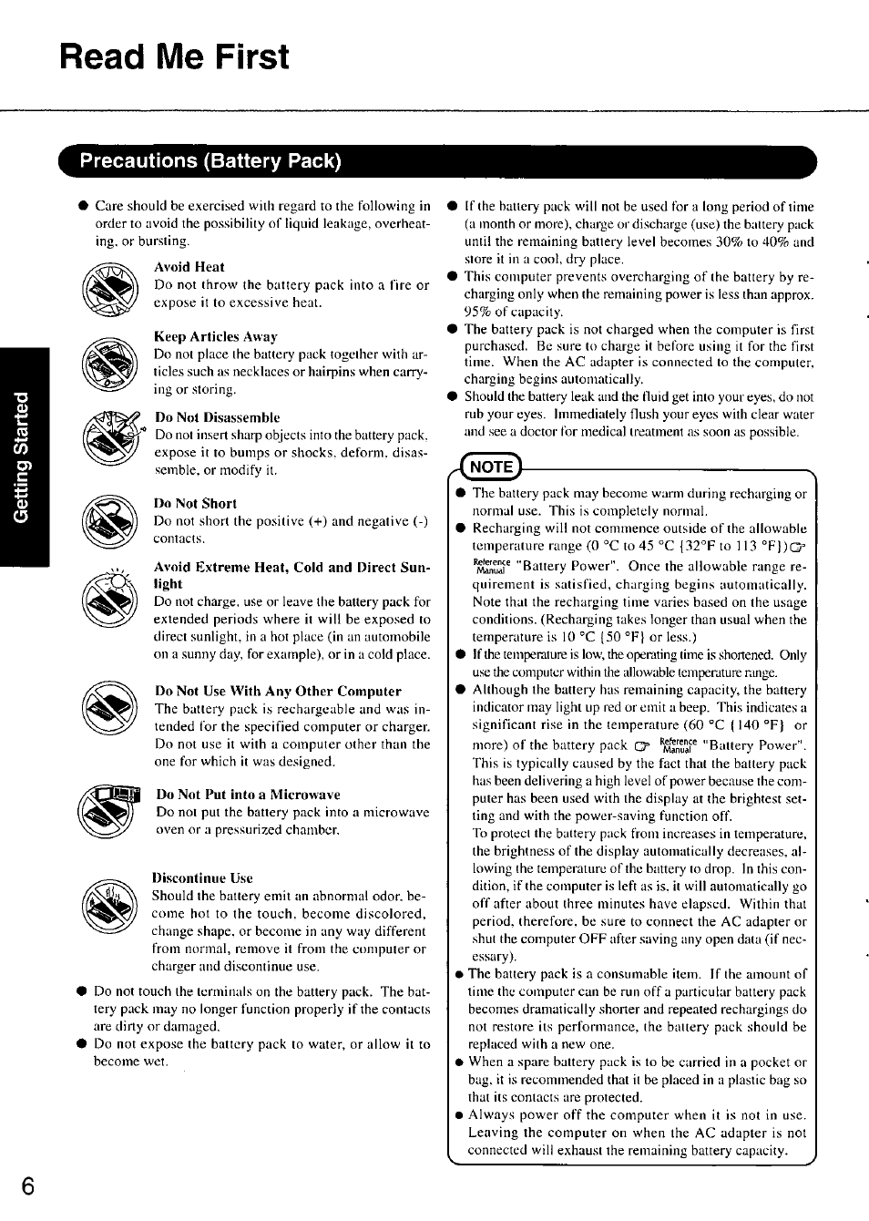 Read me first, Precautions (battery pack) | Panasonic TOUGHBOOK CF-37 User Manual | Page 6 / 28